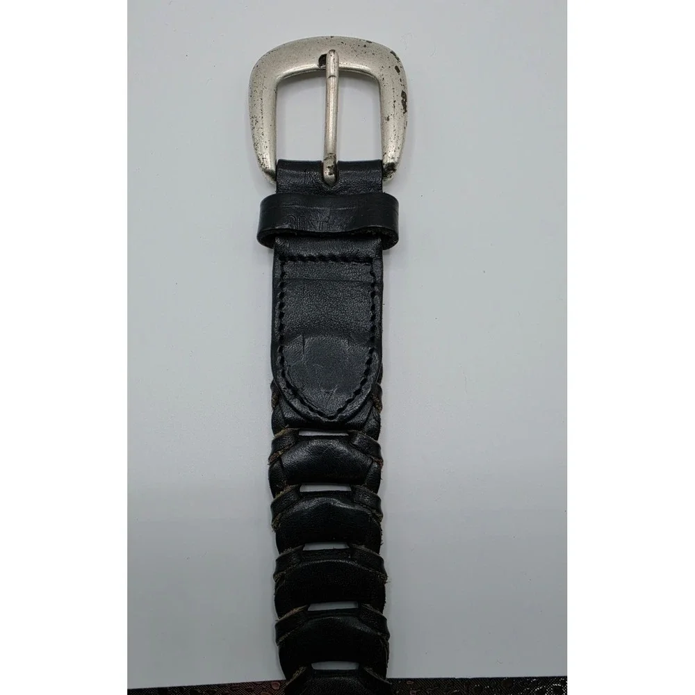 Italian Full Grain Leather Woven Belt Mens Black Interlocking Silver Buckle 47